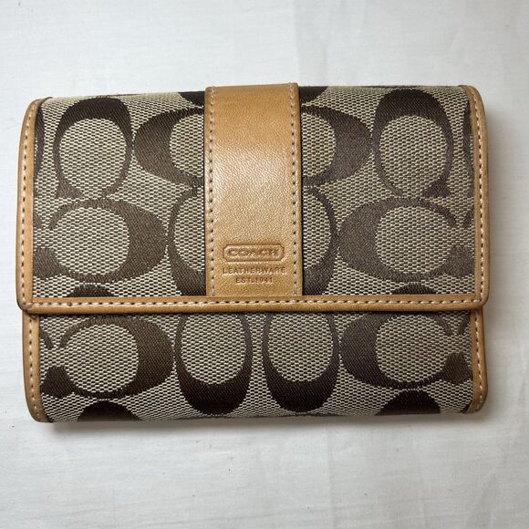 Coach Signature TriFold Wallet Monogram Logo Canvas Leather Jacquard Vintage Y2K - Picture 1 of 11